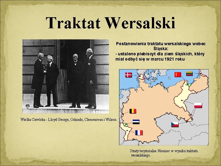 Traktat Wersalski Postanowienia traktatu wersalskiego wobec Śląska: - ustalono plebiscyt dla ziem śląskich, który