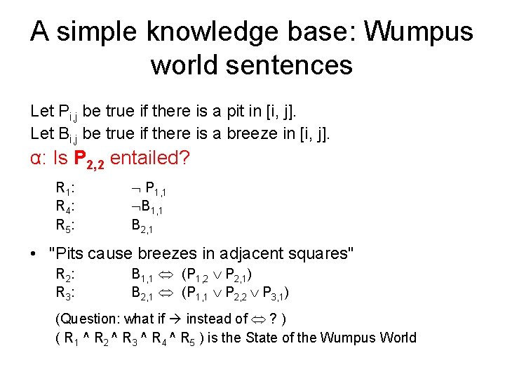 A simple knowledge base: Wumpus world sentences Let Pi, j be true if there