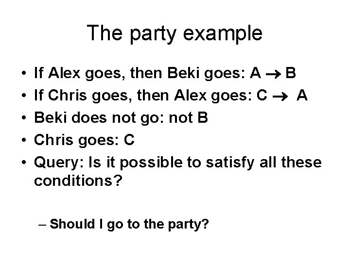 The party example • • • If Alex goes, then Beki goes: A B
