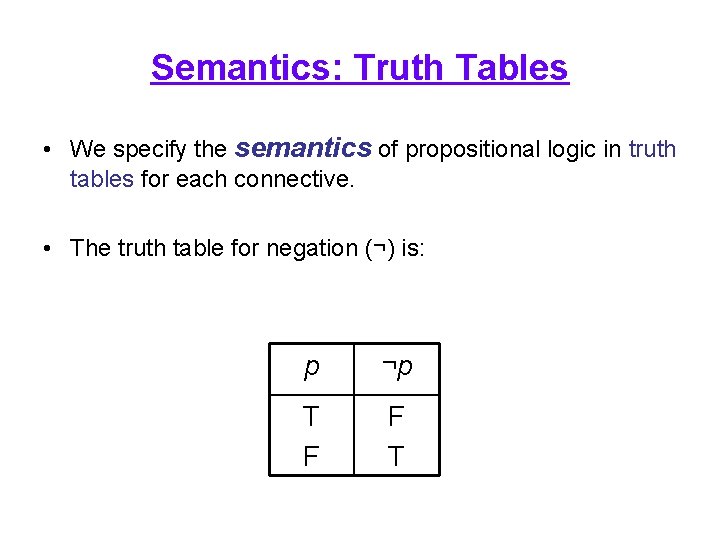Semantics: Truth Tables • We specify the semantics of propositional logic in truth tables