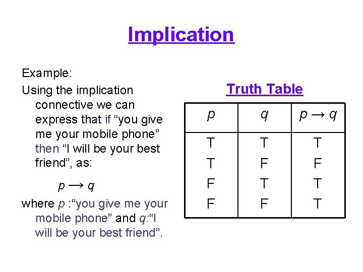 Implication Example: Using the implication connective we can express that if “you give me
