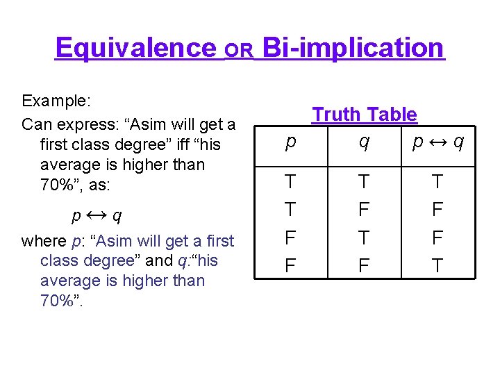 Equivalence OR Bi-implication Example: Can express: “Asim will get a first class degree” iff