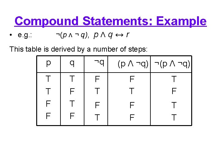 Compound Statements: Example ¬(p Λ ¬ q), p Λ q ↔ r • e.
