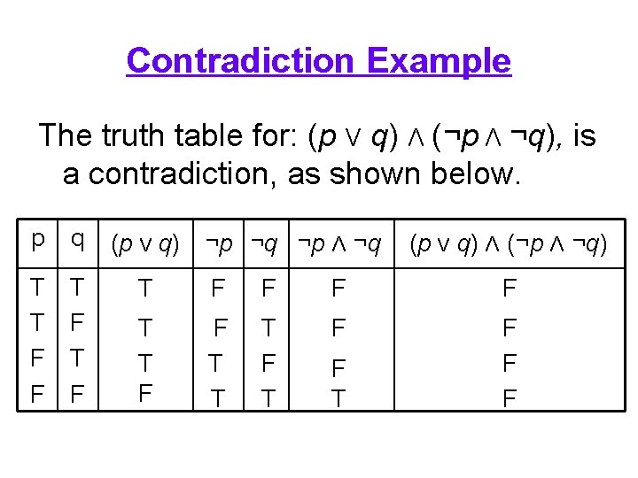 Contradiction Example The truth table for: (p V q) Λ (¬p Λ ¬q), is