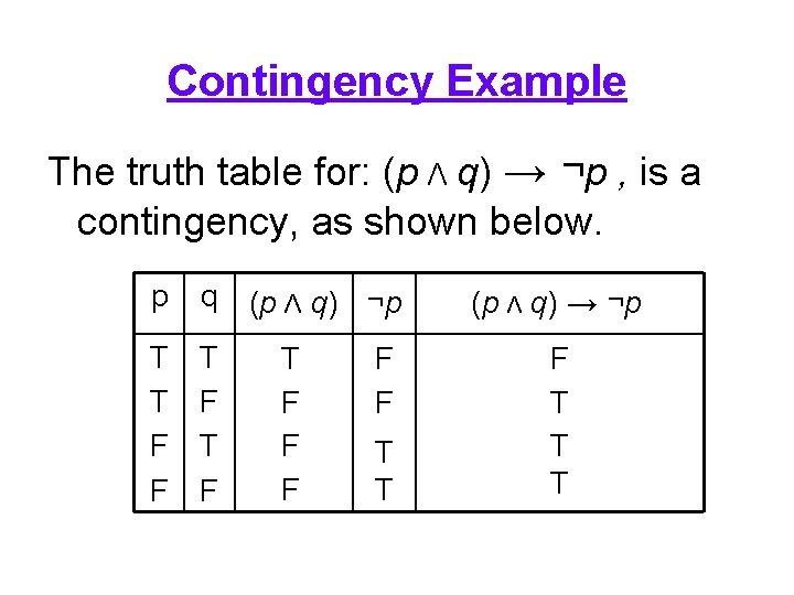 Contingency Example The truth table for: (p Λ q) → ¬p , is a
