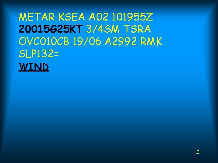 METAR KSEA A 02 101955 Z 20015 G 25 KT 3/4 SM TSRA OVC