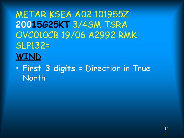 METAR KSEA A 02 101955 Z 20015 G 25 KT 3/4 SM TSRA OVC