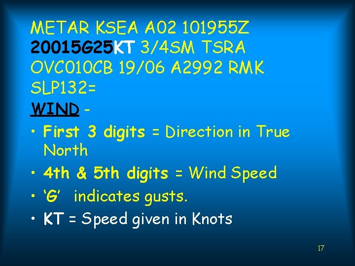 METAR KSEA A 02 101955 Z 20015 G 25 KT 3/4 SM TSRA OVC