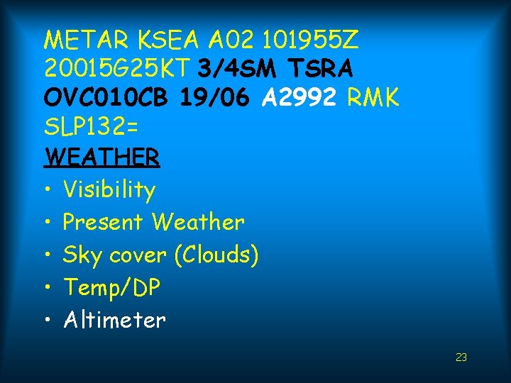 METAR KSEA A 02 101955 Z 20015 G 25 KT 3/4 SM TSRA OVC