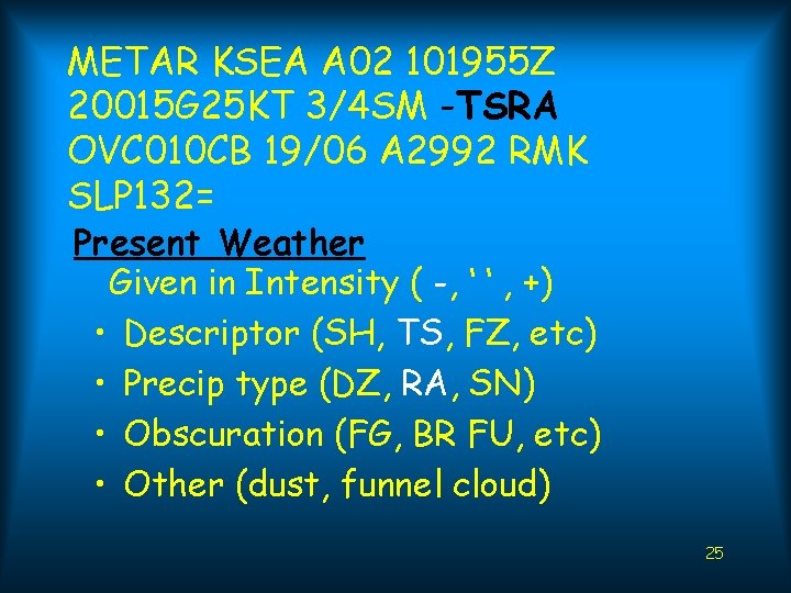 METAR KSEA A 02 101955 Z 20015 G 25 KT 3/4 SM -TSRA OVC