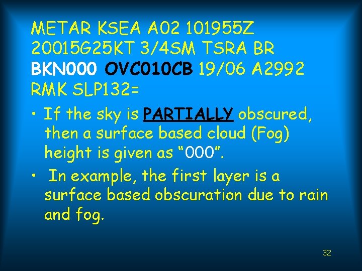 METAR KSEA A 02 101955 Z 20015 G 25 KT 3/4 SM TSRA BR