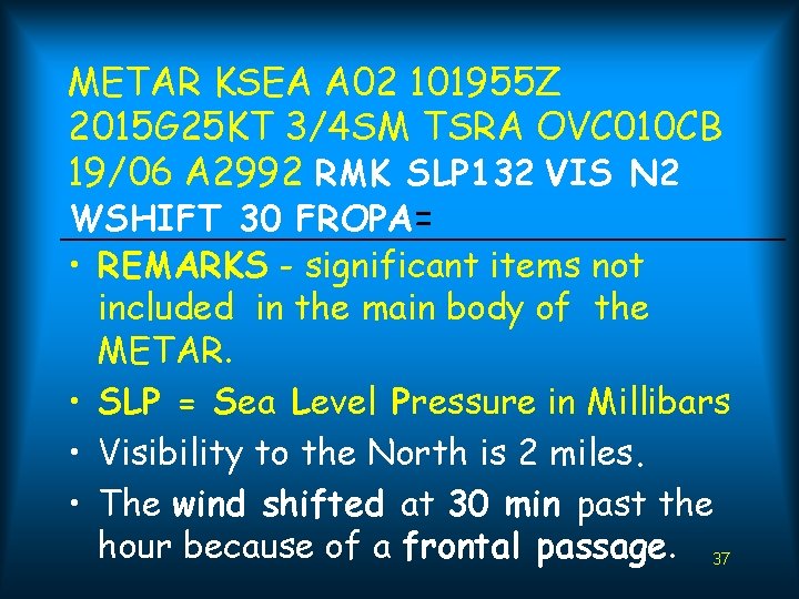 METAR KSEA A 02 101955 Z 2015 G 25 KT 3/4 SM TSRA OVC