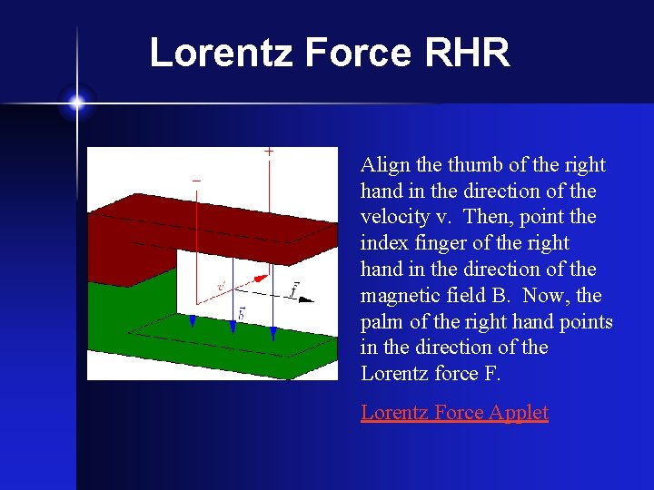 Lorentz Force RHR Align the thumb of the right hand in the direction of