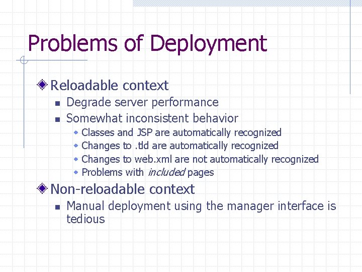 Problems of Deployment Reloadable context n n Degrade server performance Somewhat inconsistent behavior w