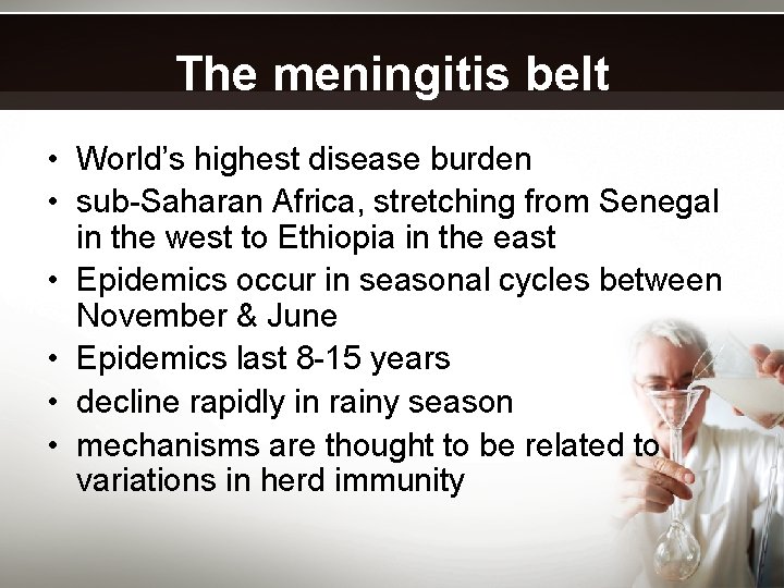 The meningitis belt • World’s highest disease burden • sub-Saharan Africa, stretching from Senegal