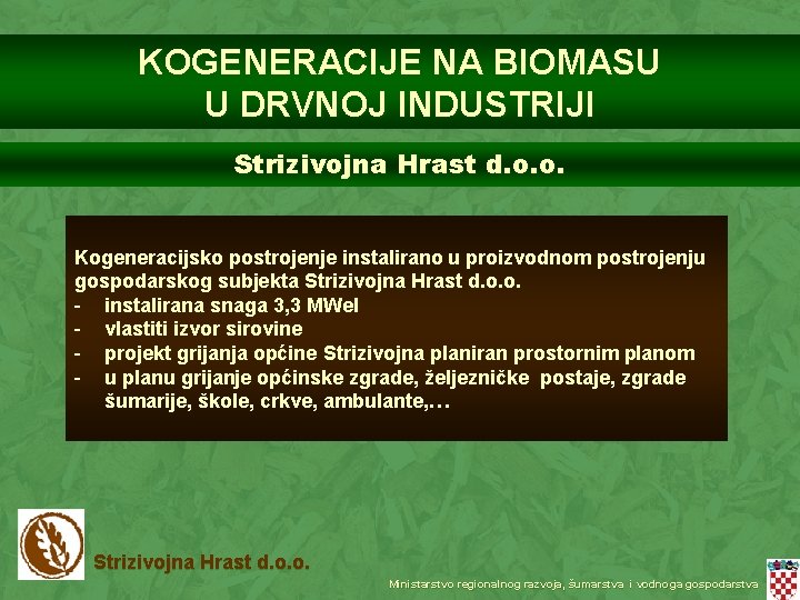 KOGENERACIJE NA BIOMASU U DRVNOJ INDUSTRIJI Strizivojna Hrast d. o. o. Kogeneracijsko postrojenje instalirano