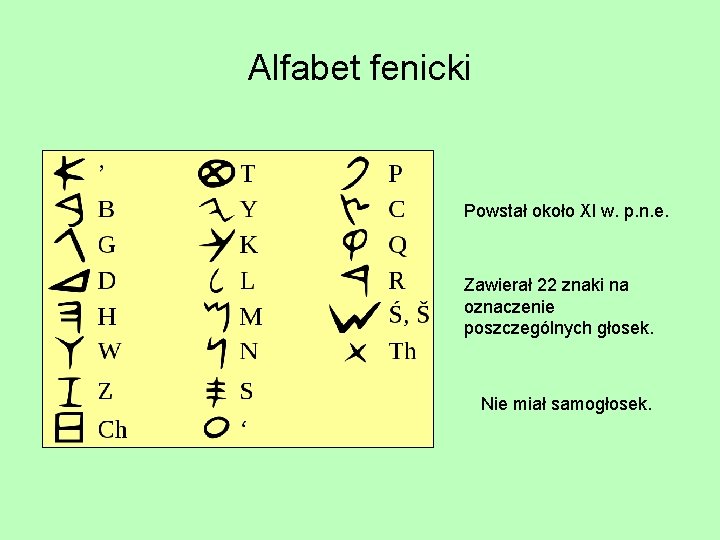 Alfabet fenicki Powstał około XI w. p. n. e. Zawierał 22 znaki na oznaczenie