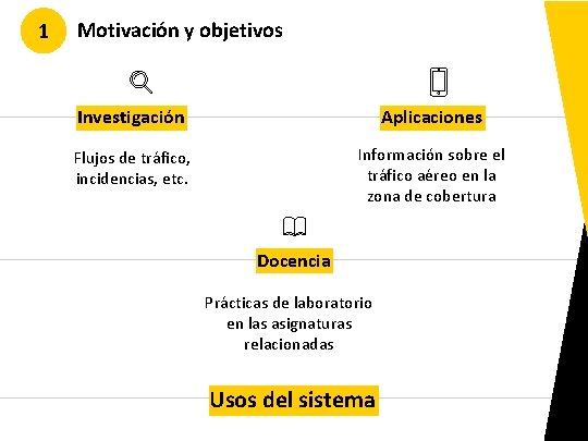 1 Motivación y objetivos Investigación Aplicaciones Flujos de tráfico, incidencias, etc. Información sobre el 1 Motivación y objetivos Investigación Aplicaciones Flujos de tráfico, incidencias, etc. Información sobre el