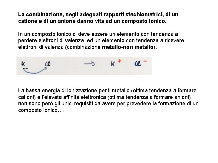 La combinazione, negli adeguati rapporti stechiometrici, di un catione e di un anione danno