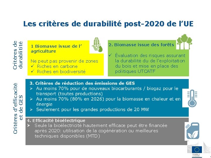 Critères d’efficacité et de GES Critères de durablitité Les critères de durabilité post-2020 de