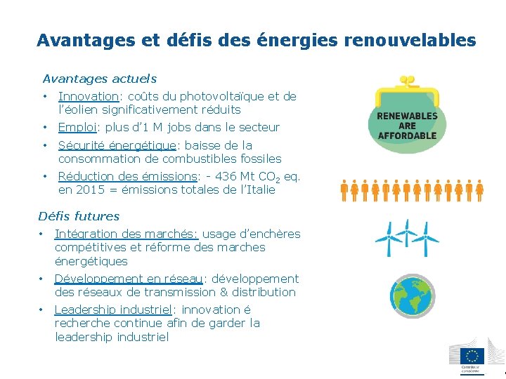 Avantages et défis des énergies renouvelables Avantages actuels • Innovation: coûts du photovoltaïque et