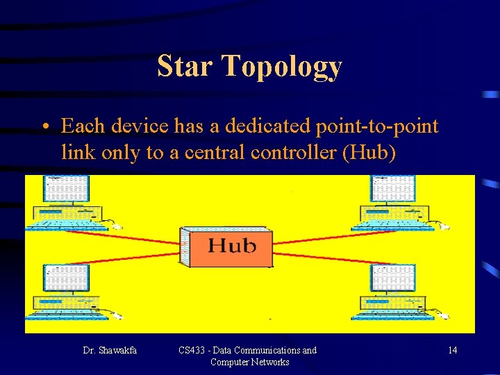 Star Topology • Each device has a dedicated point-to-point link only to a central Star Topology • Each device has a dedicated point-to-point link only to a central