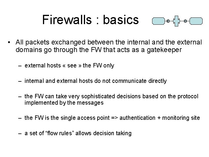 Firewalls : basics • All packets exchanged between the internal and the external domains