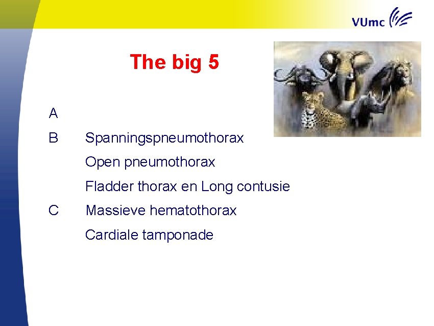 The big 5 A B Spanningspneumothorax Open pneumothorax Fladder thorax en Long contusie C