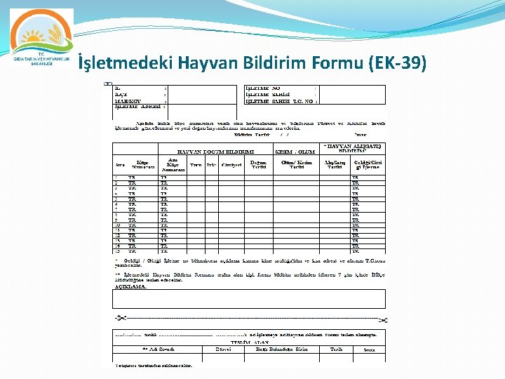 İşletmedeki Hayvan Bildirim Formu (EK-39) 