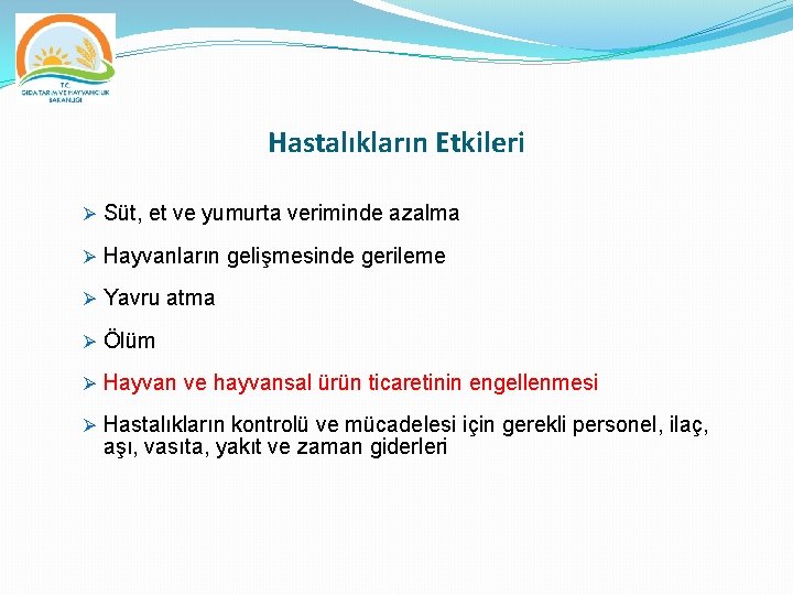 Hastalıkların Etkileri Ø Süt, et ve yumurta veriminde azalma Ø Hayvanların gelişmesinde gerileme Ø