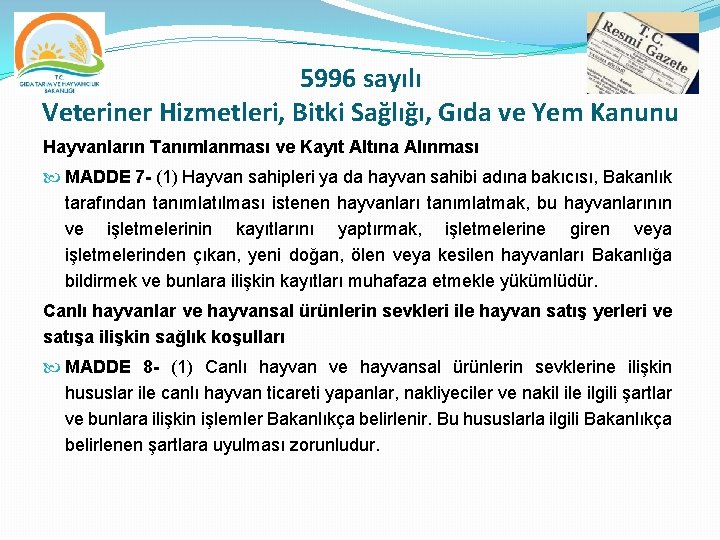 5996 sayılı Veteriner Hizmetleri, Bitki Sağlığı, Gıda ve Yem Kanunu Hayvanların Tanımlanması ve Kayıt