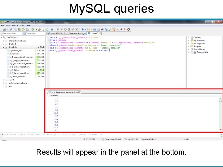 My. SQL queries Results will appear in the panel at the bottom. 