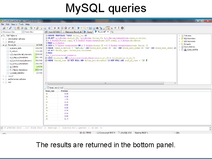 My. SQL queries The results are returned in the bottom panel. 