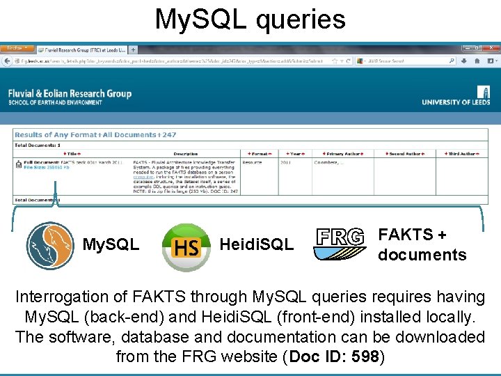 My. SQL queries My. SQL Heidi. SQL FAKTS + documents Interrogation of FAKTS through