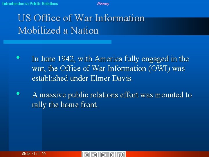 Introduction to Public Relations History US Office of War Information Mobilized a Nation •