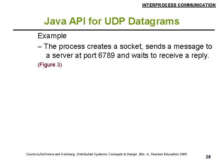 INTERPROCESS COMMUNICATION Java API for UDP Datagrams Example – The process creates a socket,