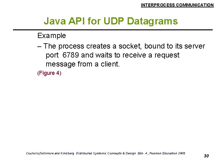 INTERPROCESS COMMUNICATION Java API for UDP Datagrams Example – The process creates a socket,