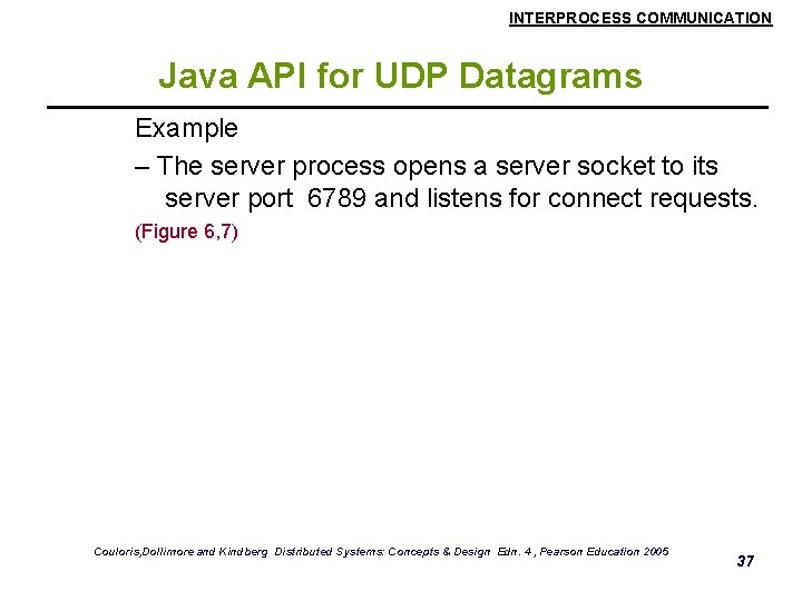 INTERPROCESS COMMUNICATION Java API for UDP Datagrams Example – The server process opens a