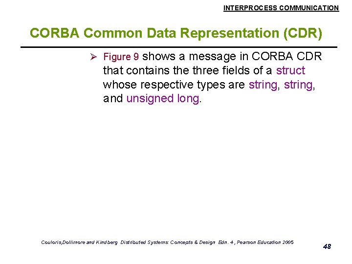 INTERPROCESS COMMUNICATION CORBA Common Data Representation (CDR) Ø Figure 9 shows a message in