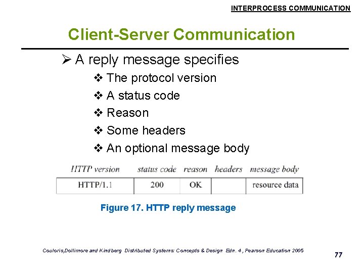 INTERPROCESS COMMUNICATION Client-Server Communication Ø A reply message specifies v The protocol version v