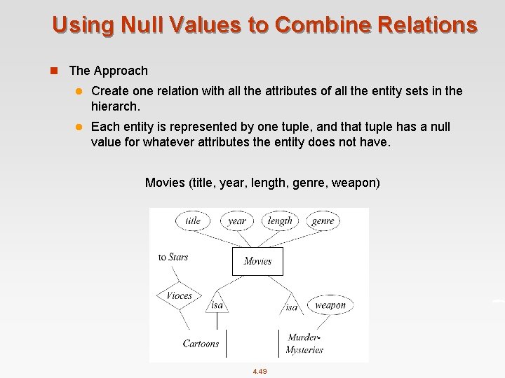 Using Null Values to Combine Relations n The Approach l Create one relation with