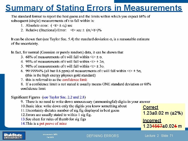 Summary of Stating Errors in Measurements Introduction Section 0 Lecture 1 Slide 71 Correct