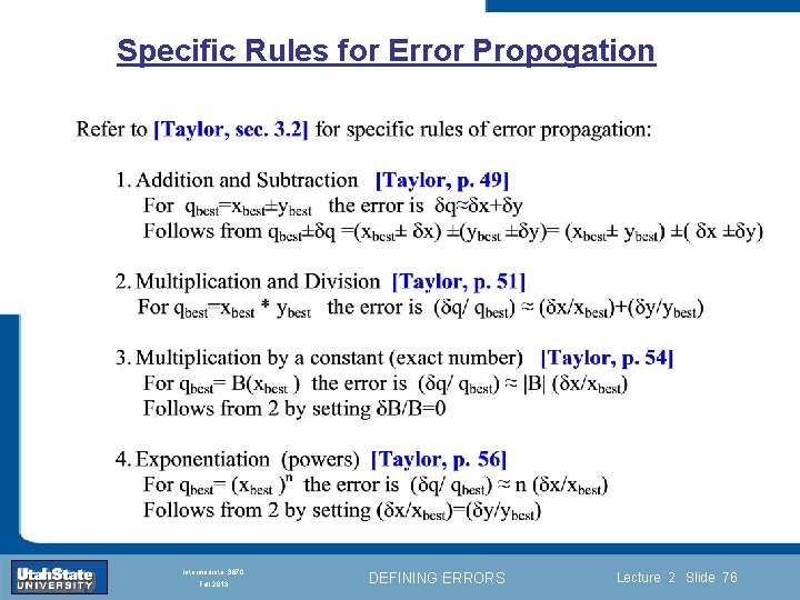 Specific Rules for Error Propogation Introduction Section 0 Lecture 1 Slide 76 INTRODUCTION TO