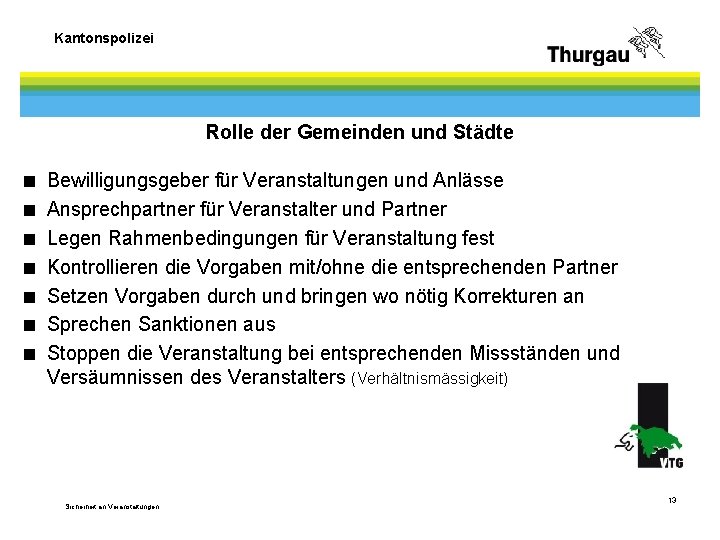 Kantonspolizei Rolle der Gemeinden und Städte < < < < Bewilligungsgeber für Veranstaltungen und