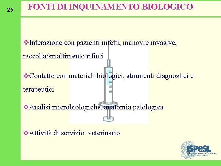 25 FONTI DI INQUINAMENTO BIOLOGICO v. Interazione con pazienti infetti, manovre invasive, raccolta/smaltimento rifiuti