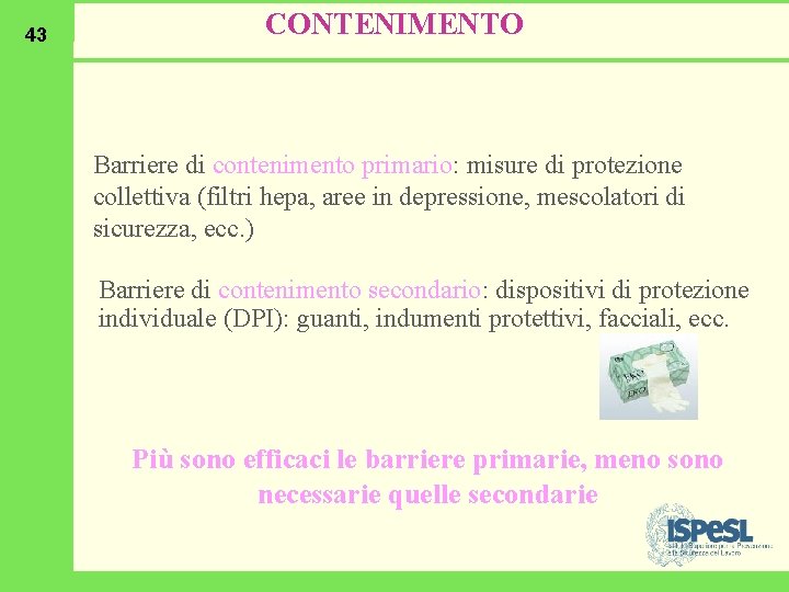 43 CONTENIMENTO Barriere di contenimento primario: misure di protezione collettiva (filtri hepa, aree in