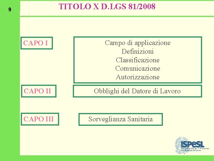 TITOLO X D. LGS 81/2008 9 CAPO I Campo di applicazione Definizioni Classificazione Comunicazione