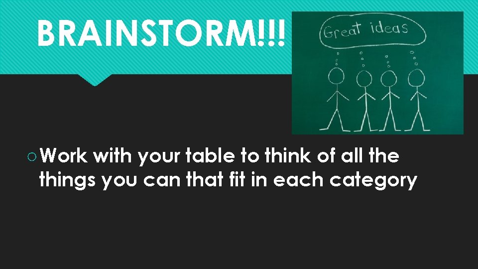 BRAINSTORM!!! ○ Work with your table to think of all the things you can