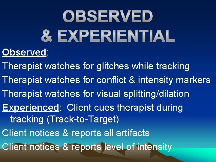 Observed: Therapist watches for glitches while tracking Therapist watches for conflict & intensity markers