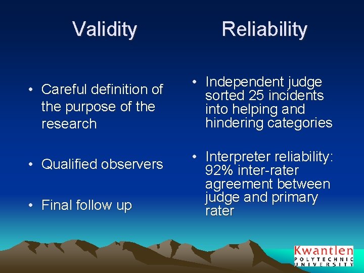 Validity • Careful definition of the purpose of the research • Qualified observers •